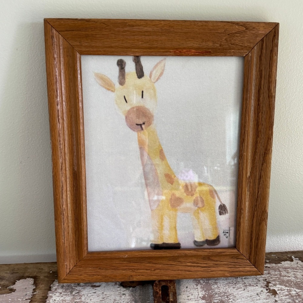 Giraffe Watercolor Hand Painting Framed Nursery Wall Art Whimsical Childs Decor